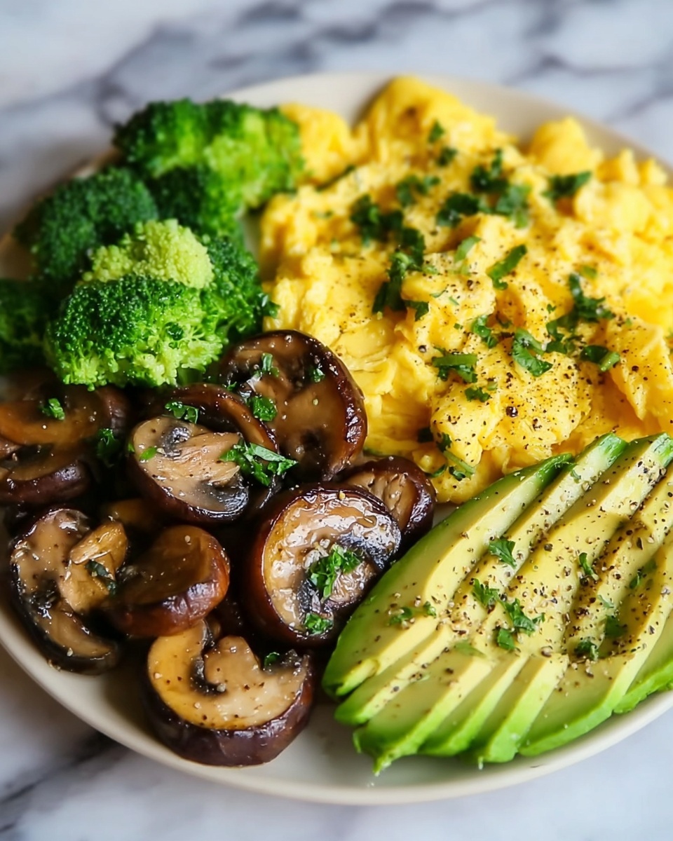 Keto Breakfast Plate with Creamy Scrambled Eggs, Mushrooms & Avocado Recipe - Recipe Image