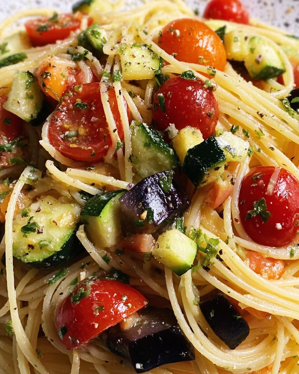 Cold Spaghetti Pasta Salad with Fresh Vegetables and Italian Vinaigrette Recipe - Recipe Image
