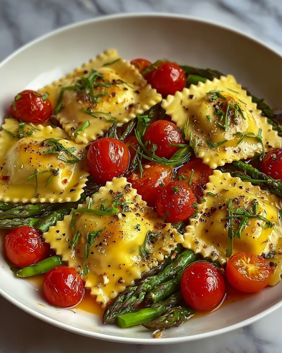 Ravioli with Cherry Tomatoes, Asparagus, Garlic, and Herbs Recipe - Recipe Image
