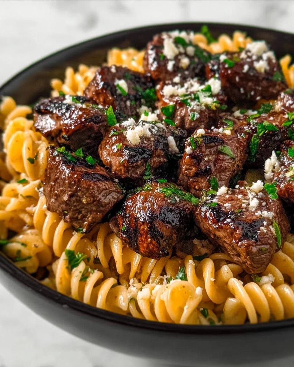 Garlic Parmesan Steak Bites with Rotini Pasta Recipe - Recipe Image
