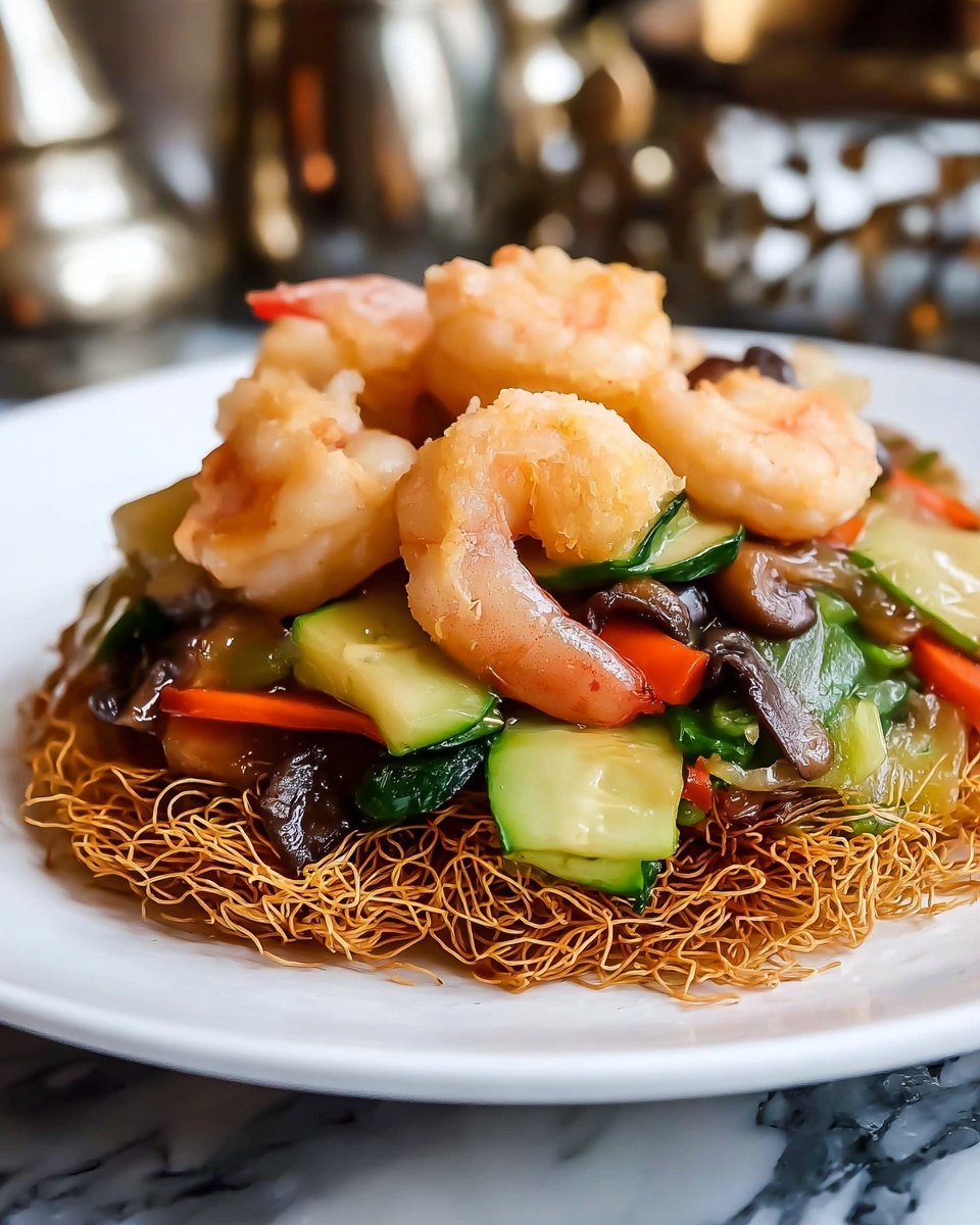 Crispy Cake Noodle Stir Fry with Shrimp and Vegetables Recipe - Recipe Image