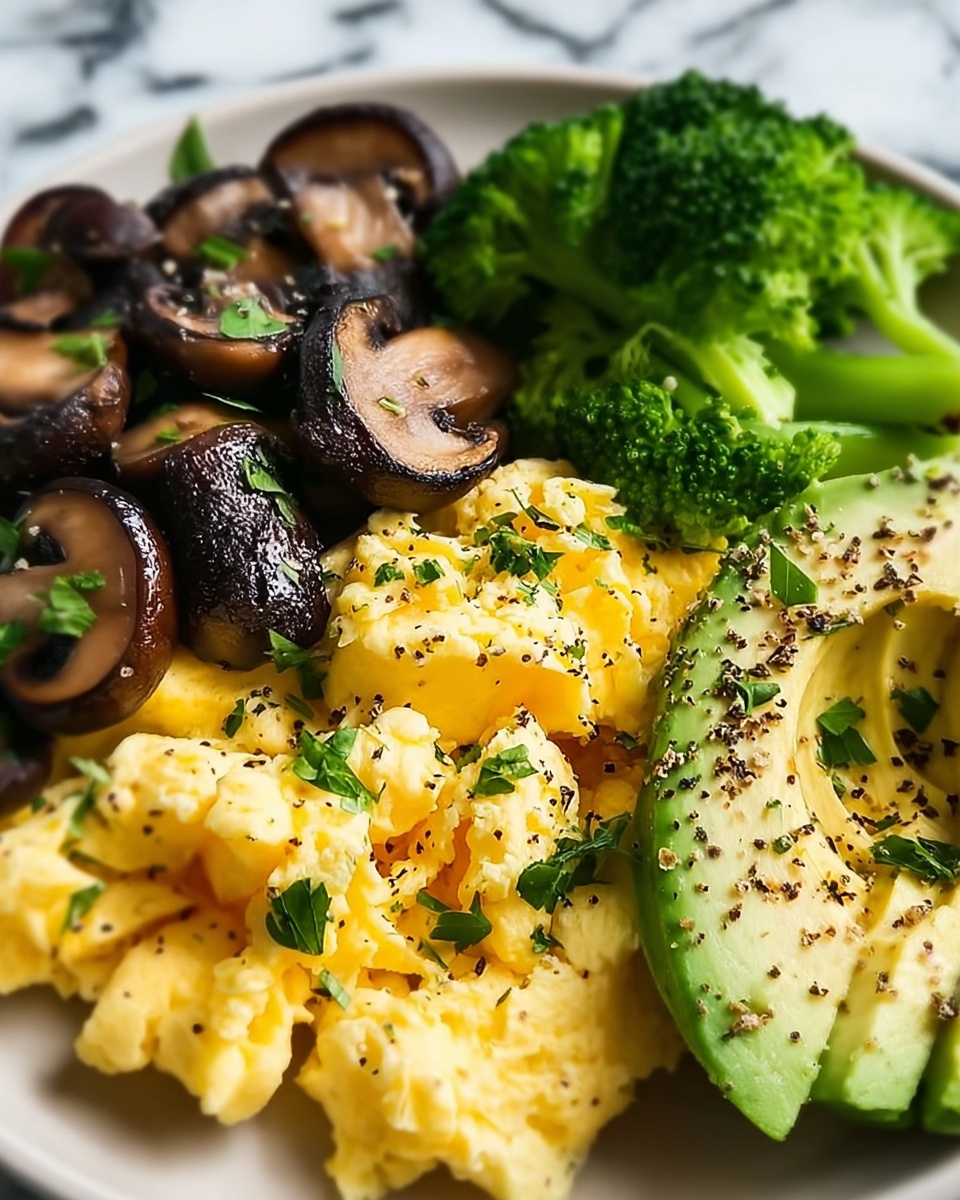 Keto Breakfast Plate with Creamy Scrambled Eggs, Mushrooms & Avocado Recipe - Recipe Image
