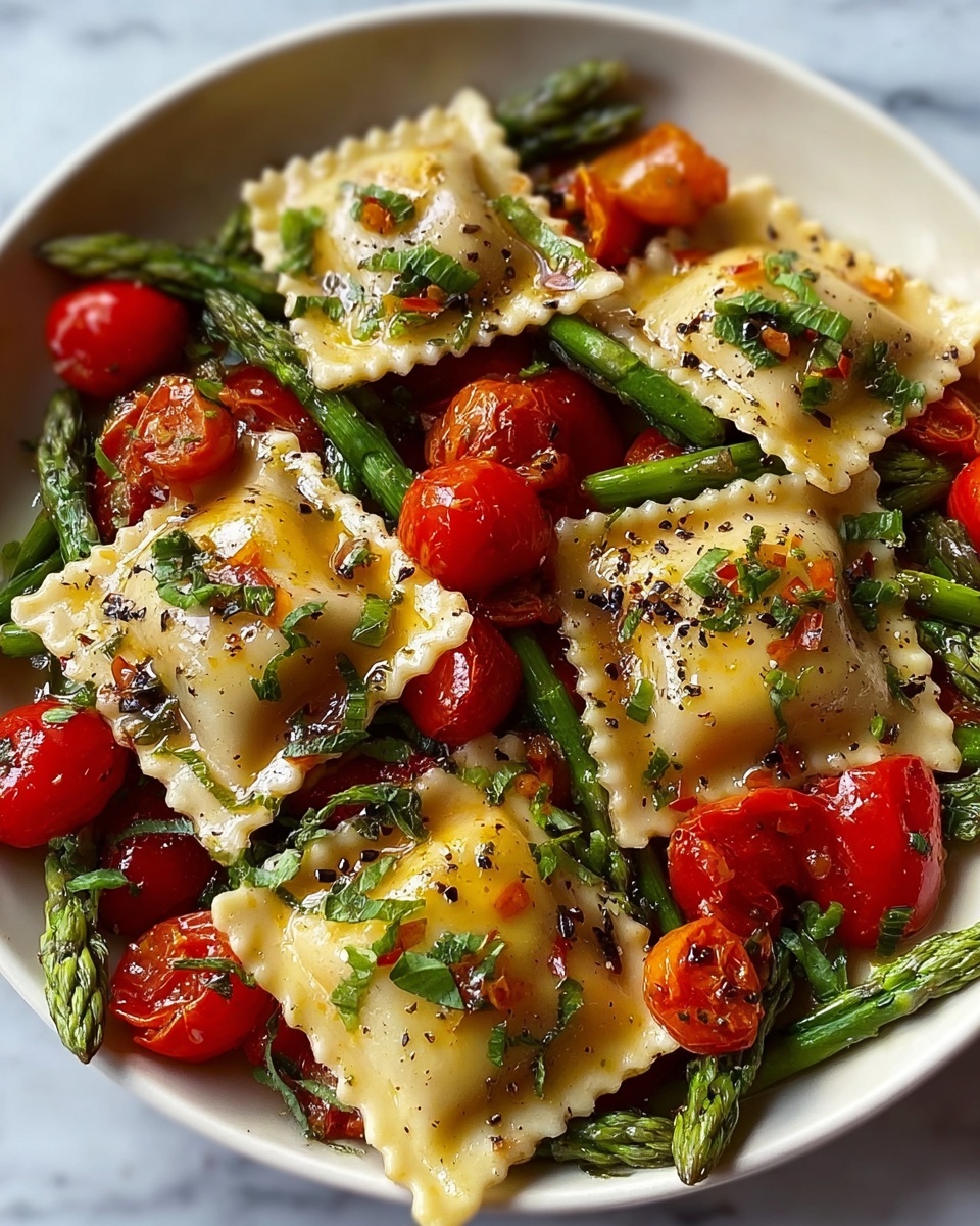 Ravioli with Cherry Tomatoes, Asparagus, Garlic, and Herbs Recipe - Recipe Image