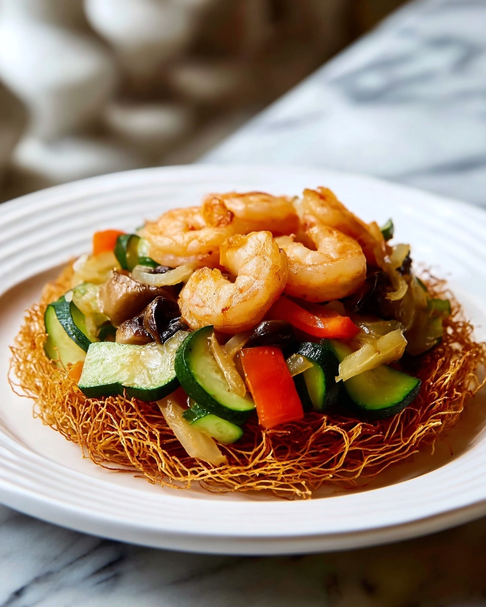Crispy Cake Noodle Stir Fry with Shrimp and Vegetables Recipe - Recipe Image