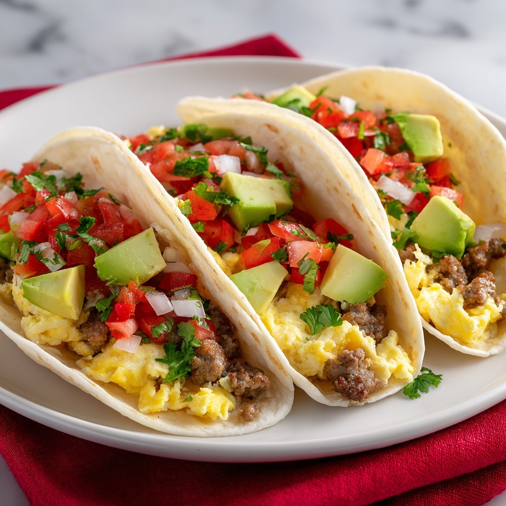 Scrambled Egg Breakfast Tacos with Sausage, Avocado, and Fresh Toppings Recipe - Recipe Image