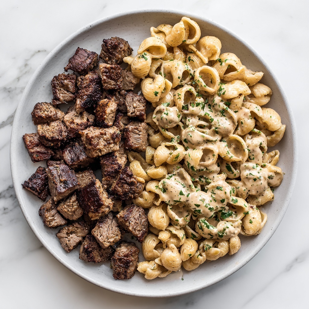 Steak Bites and Rotini in Garlic Parmesan Sauce Recipe - Recipe Image