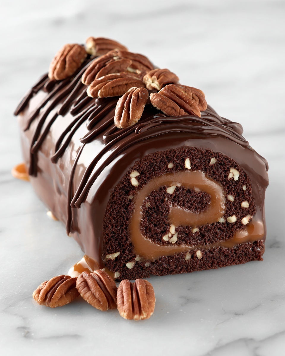 Gooey Chocolate Caramel Turtle Cake Roll Recipe - Recipe Image