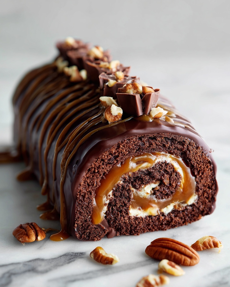 Gooey Chocolate Caramel Turtle Cake Roll Recipe - Recipe Image