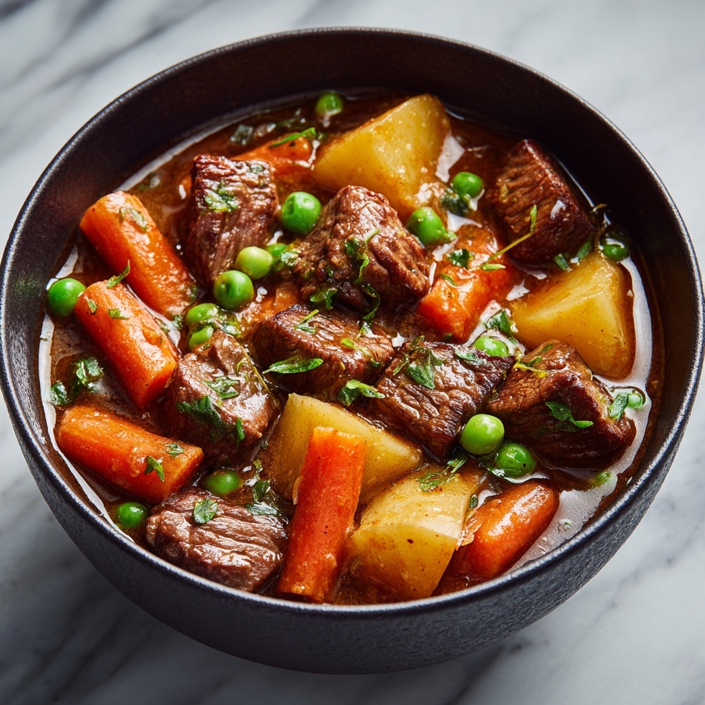 Hearty Beef Stew with Potatoes, Carrots, and Peas Recipe - Recipe Image