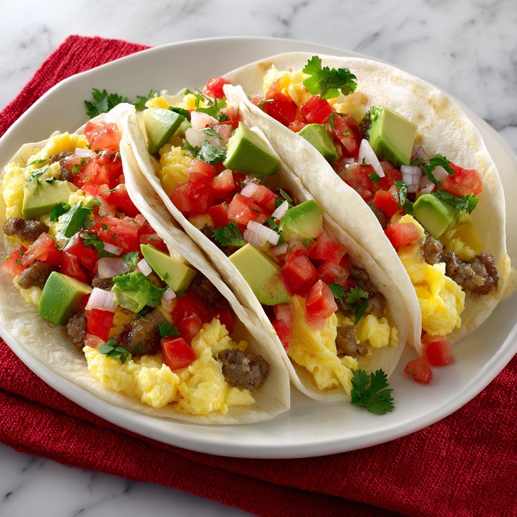 Scrambled Egg Breakfast Tacos with Sausage, Avocado, and Fresh Toppings Recipe - Recipe Image