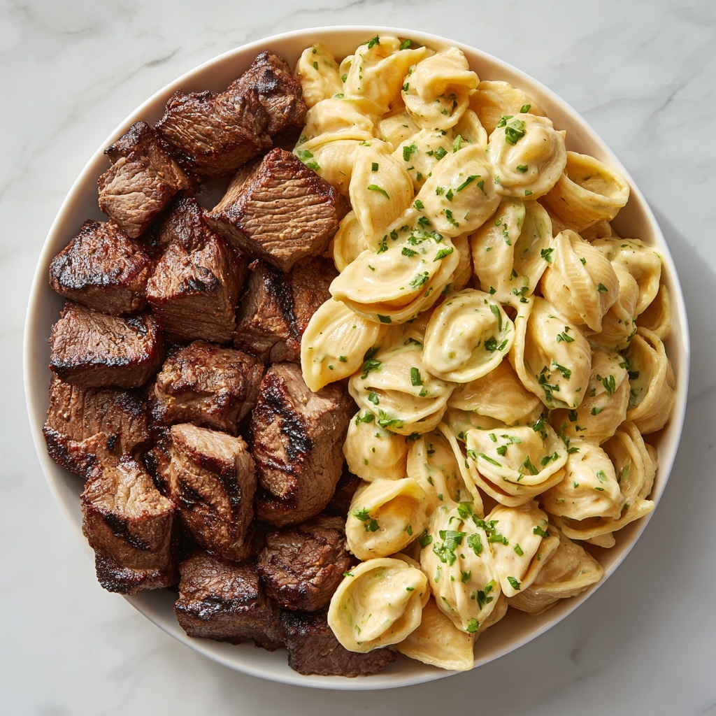 Steak Bites and Rotini in Garlic Parmesan Sauce Recipe - Recipe Image