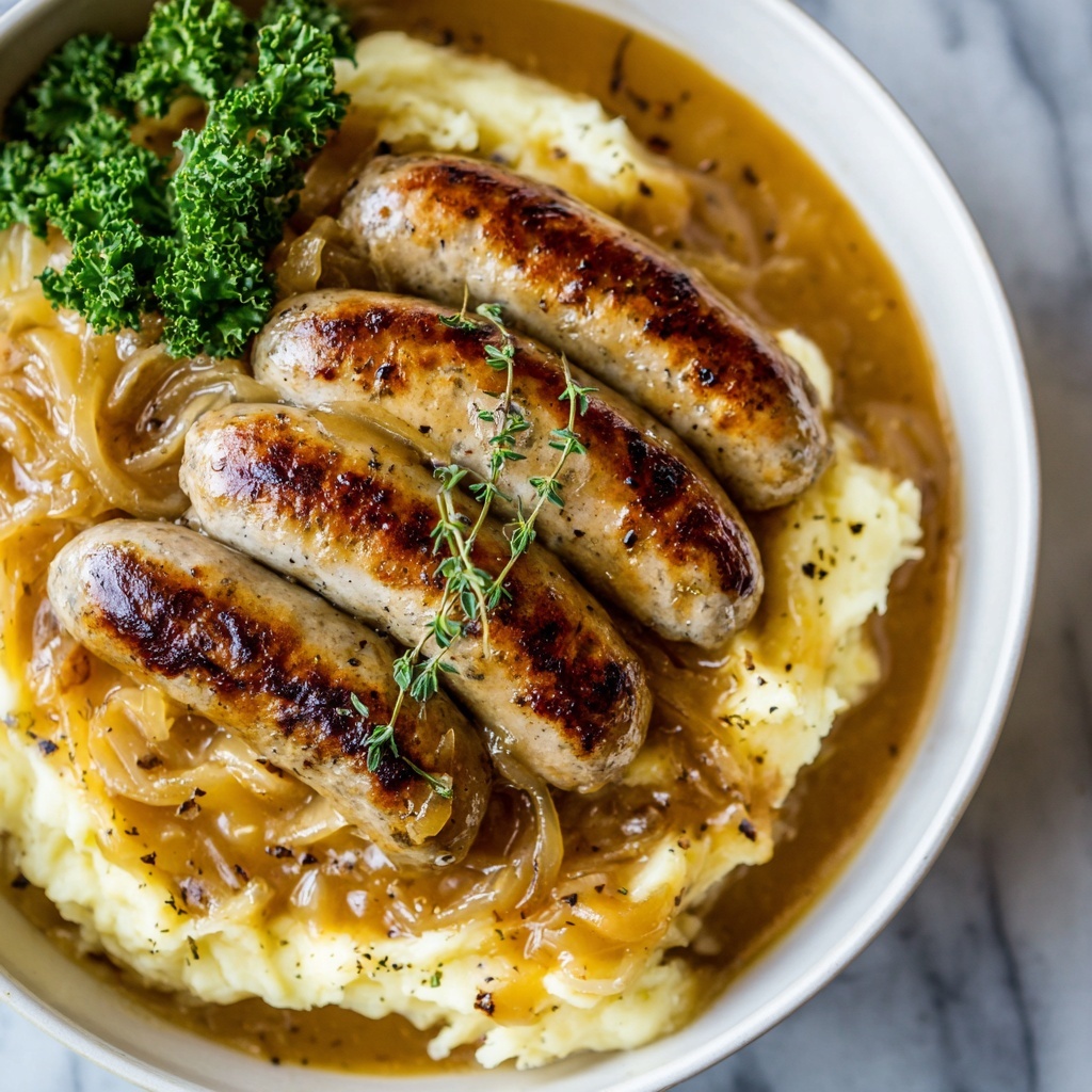Sausages with Homemade Onion Gravy Recipe - Recipe Image
