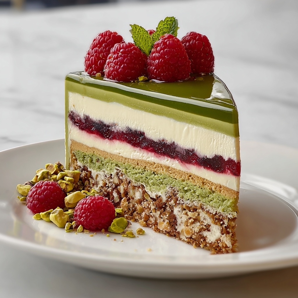 Elegant Pistachio Raspberry Crunch Cheesecake Recipe - Recipe Image
