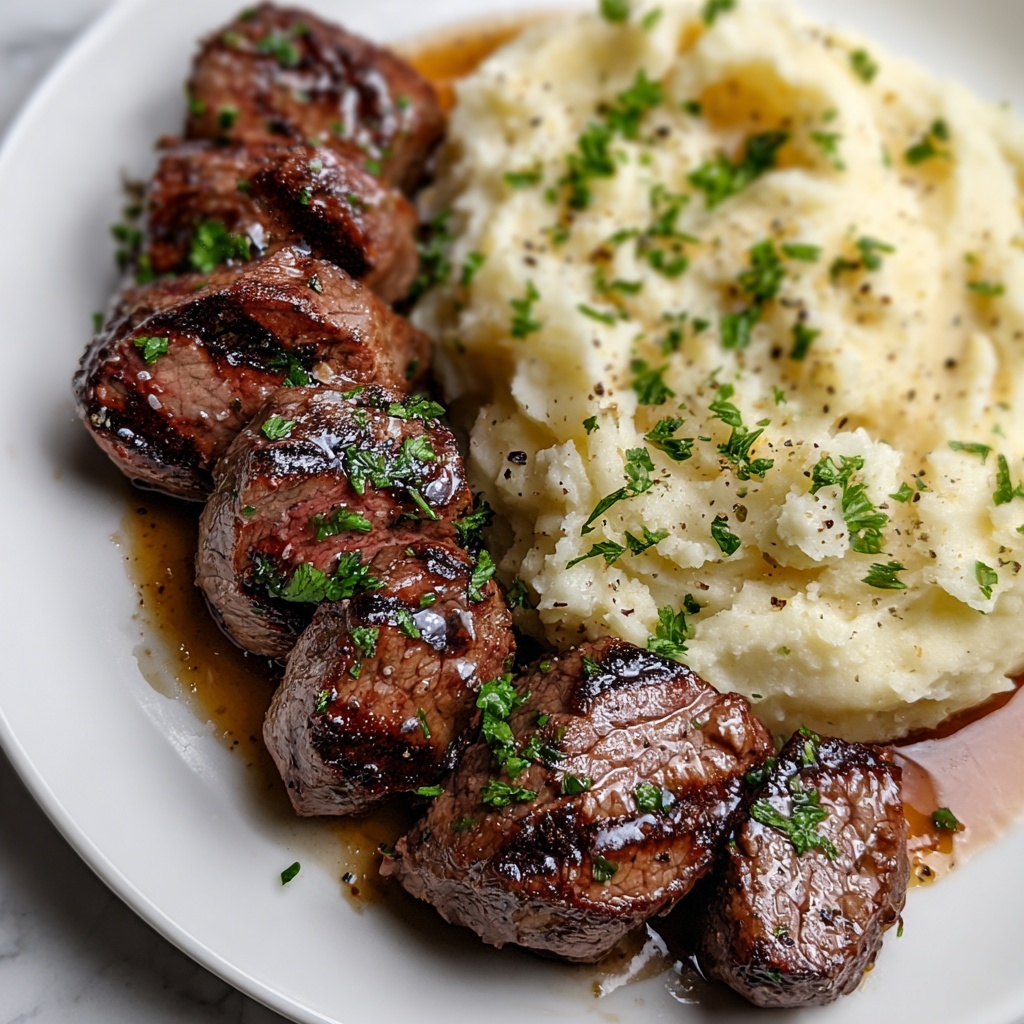 Garlic Parmesan Steak Bites with Mashed Potatoes Recipe - Recipe Image