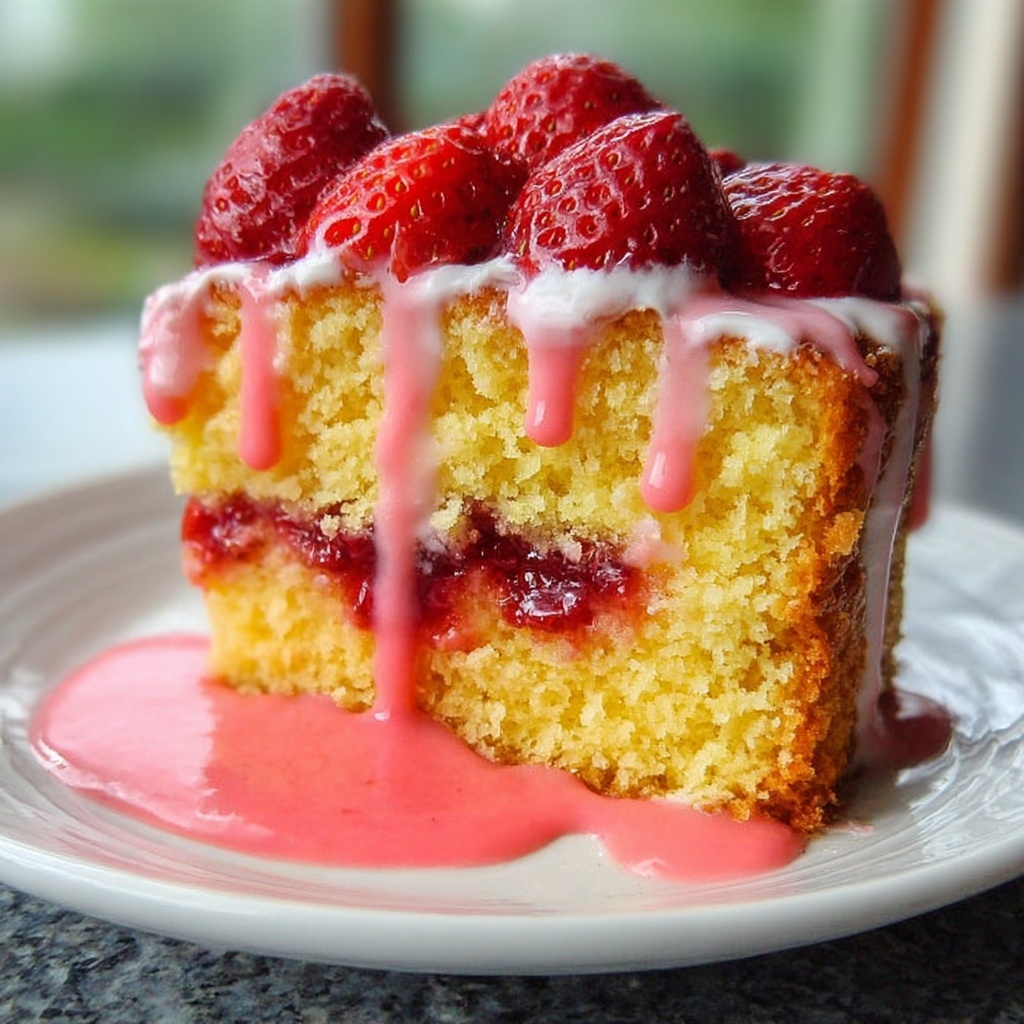 Strawberry Lemon Crunch Cake Slice with Strawberry Red Cream Cheese Icing Recipe - Recipe Image