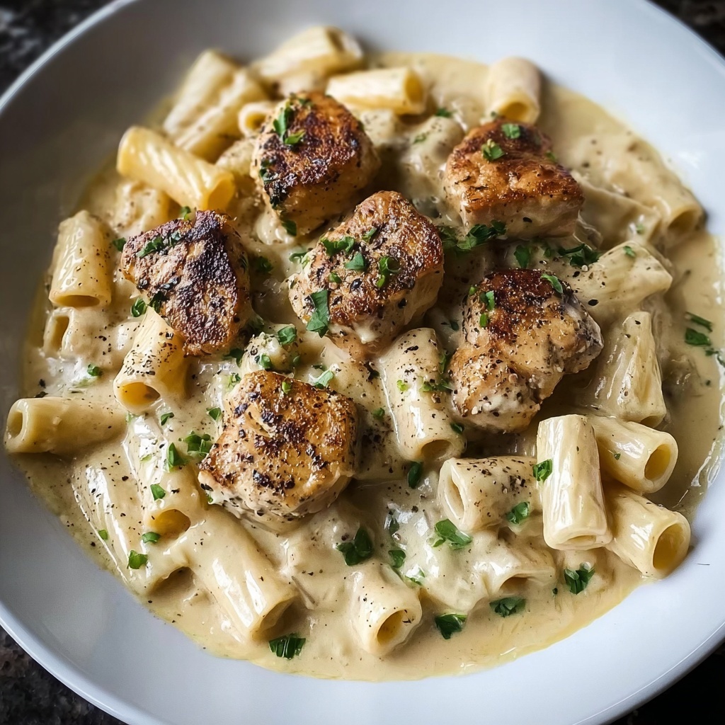 Creamy Garlic Butter Chicken and Rigatoni in Parmesan Sauce Recipe - Recipe Image