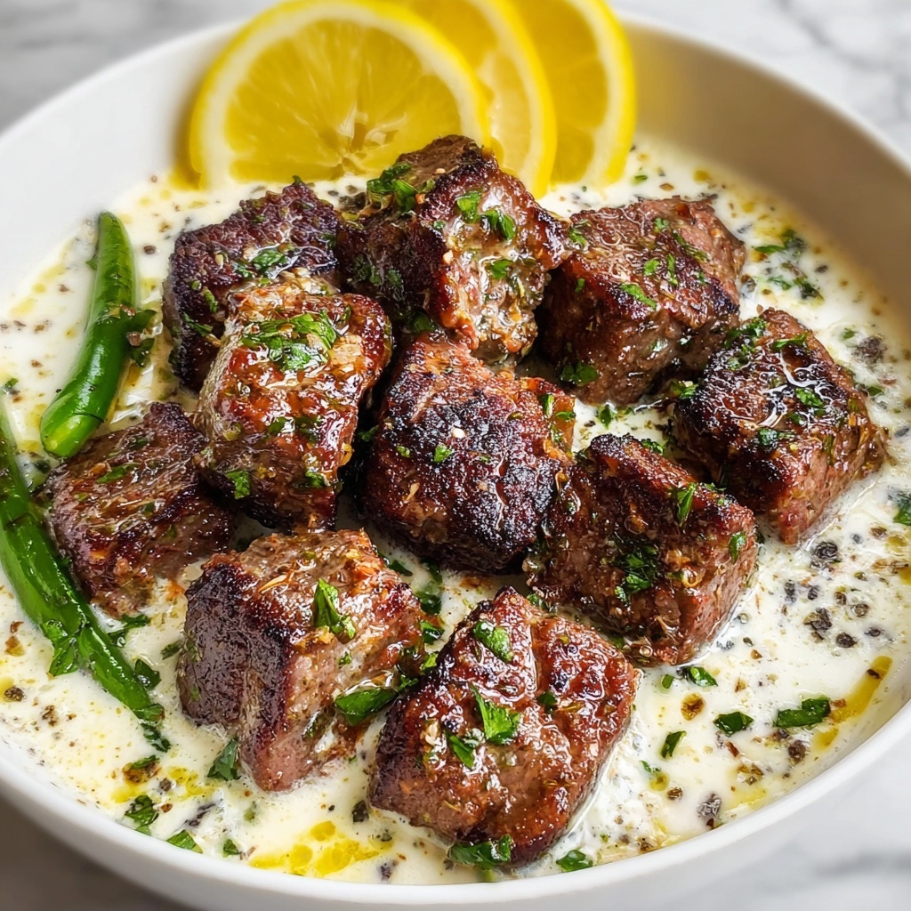 Garlic Butter Steak Bites with Parmesan Cream Sauce and Mashed Potatoes Recipe - Recipe Image