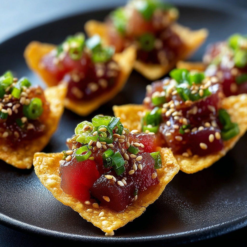 Spicy Tuna Tartare on Crispy Wonton Chips Recipe - Recipe Image