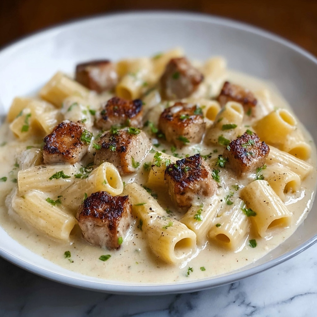 Creamy Garlic Butter Chicken and Rigatoni in Parmesan Sauce Recipe - Recipe Image