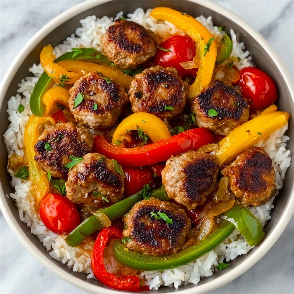 Sausage, Onion, Bell Peppers, and Tomato Rice Bowl Recipe - Recipe Image
