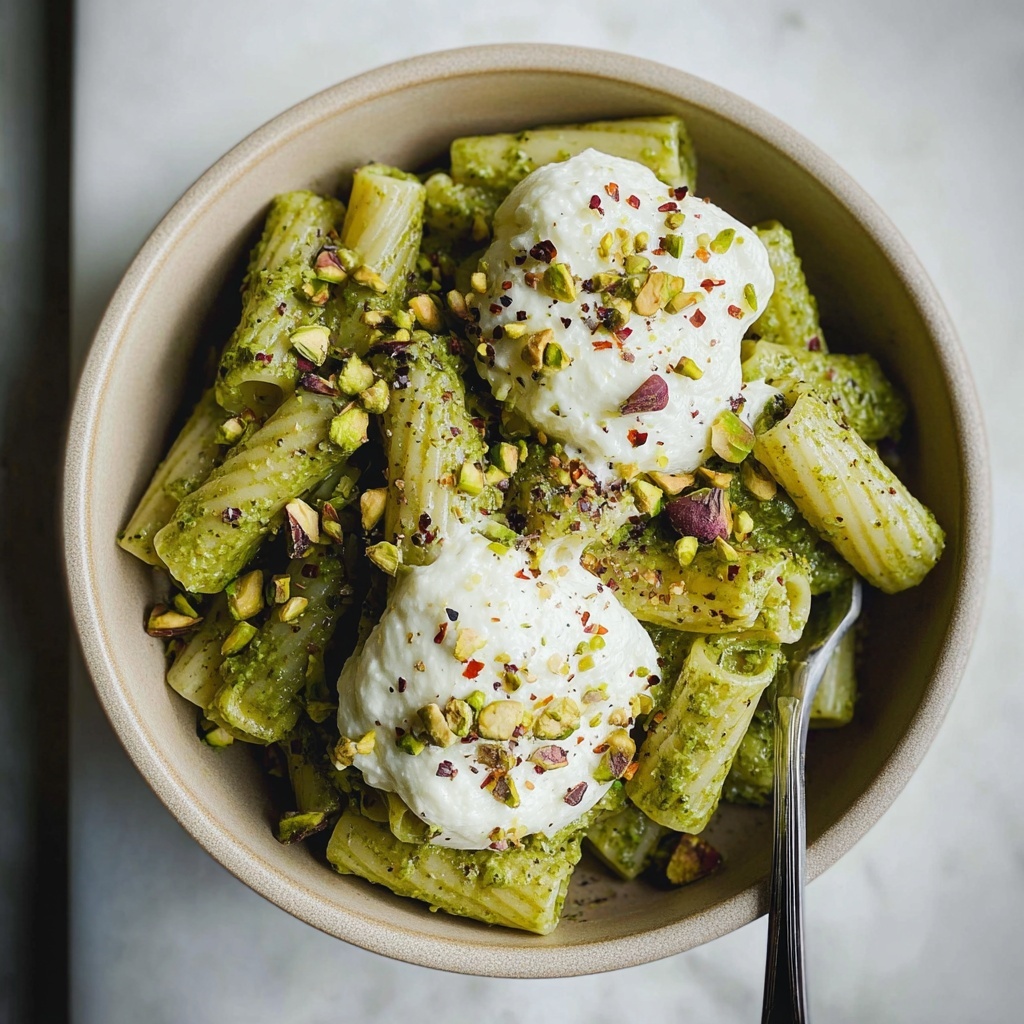 Creamy One-Pot Rigatoni with Basil Pistachio Pesto & Burrata Recipe - Recipe Image
