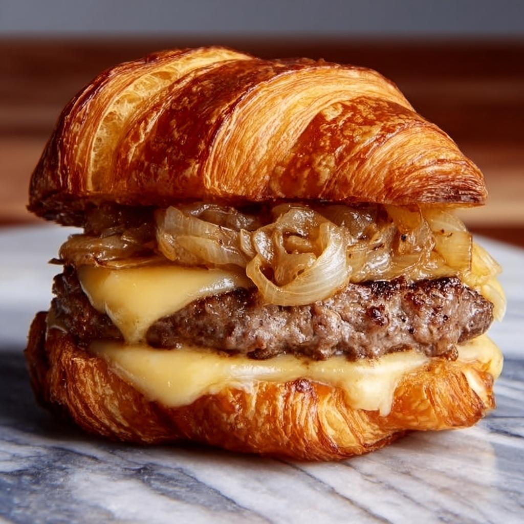 French Onion Croissant Burger Recipe - Recipe Image