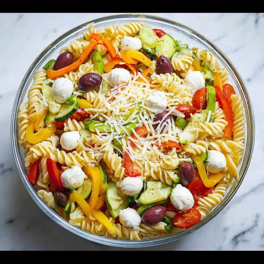 Pasta Salad with Cherry Tomatoes, Cucumber, Bell Peppers, and Cheese Recipe - Recipe Image