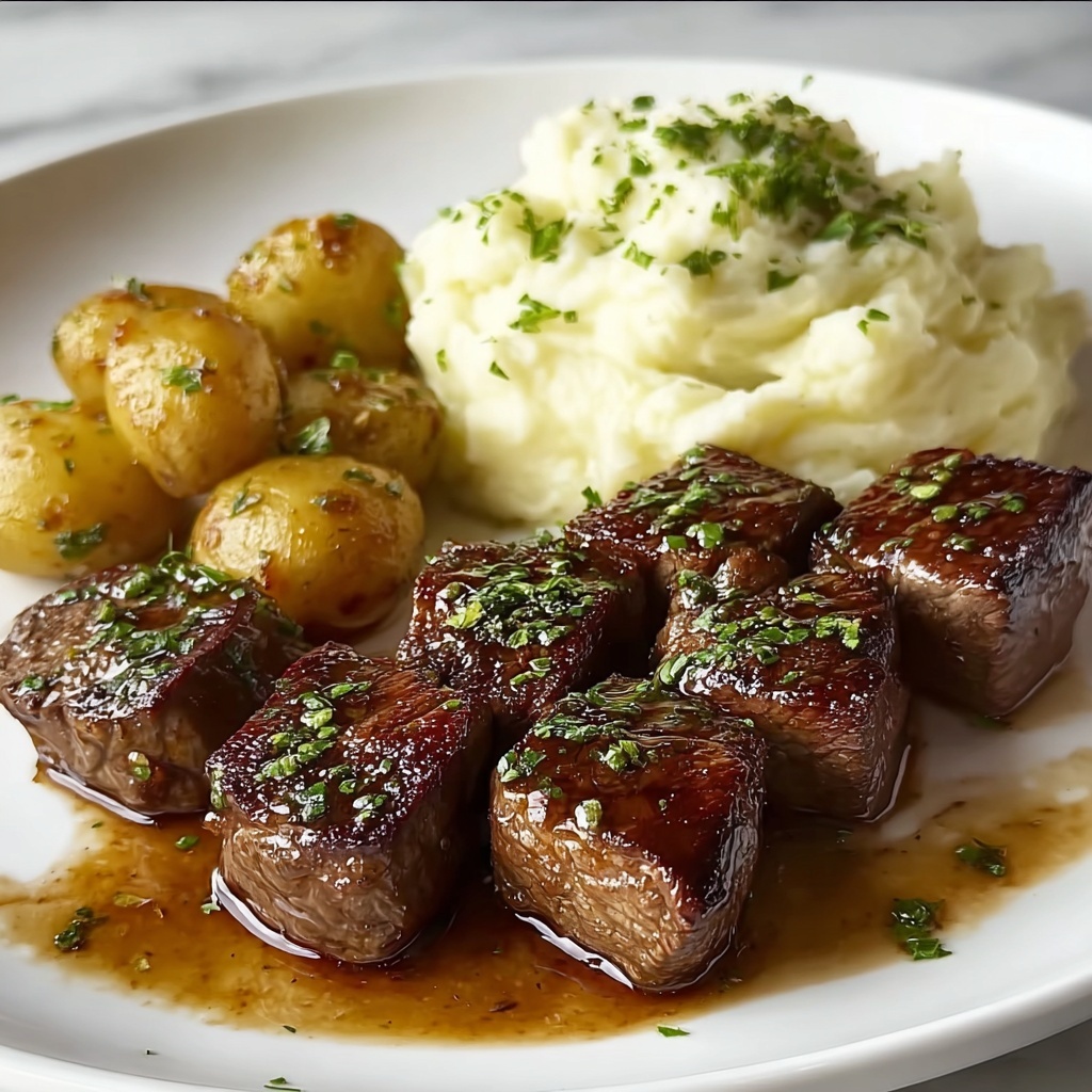 Garlic Butter Steak Bites with Cheesy Smashed Potatoes Recipe - Recipe Image