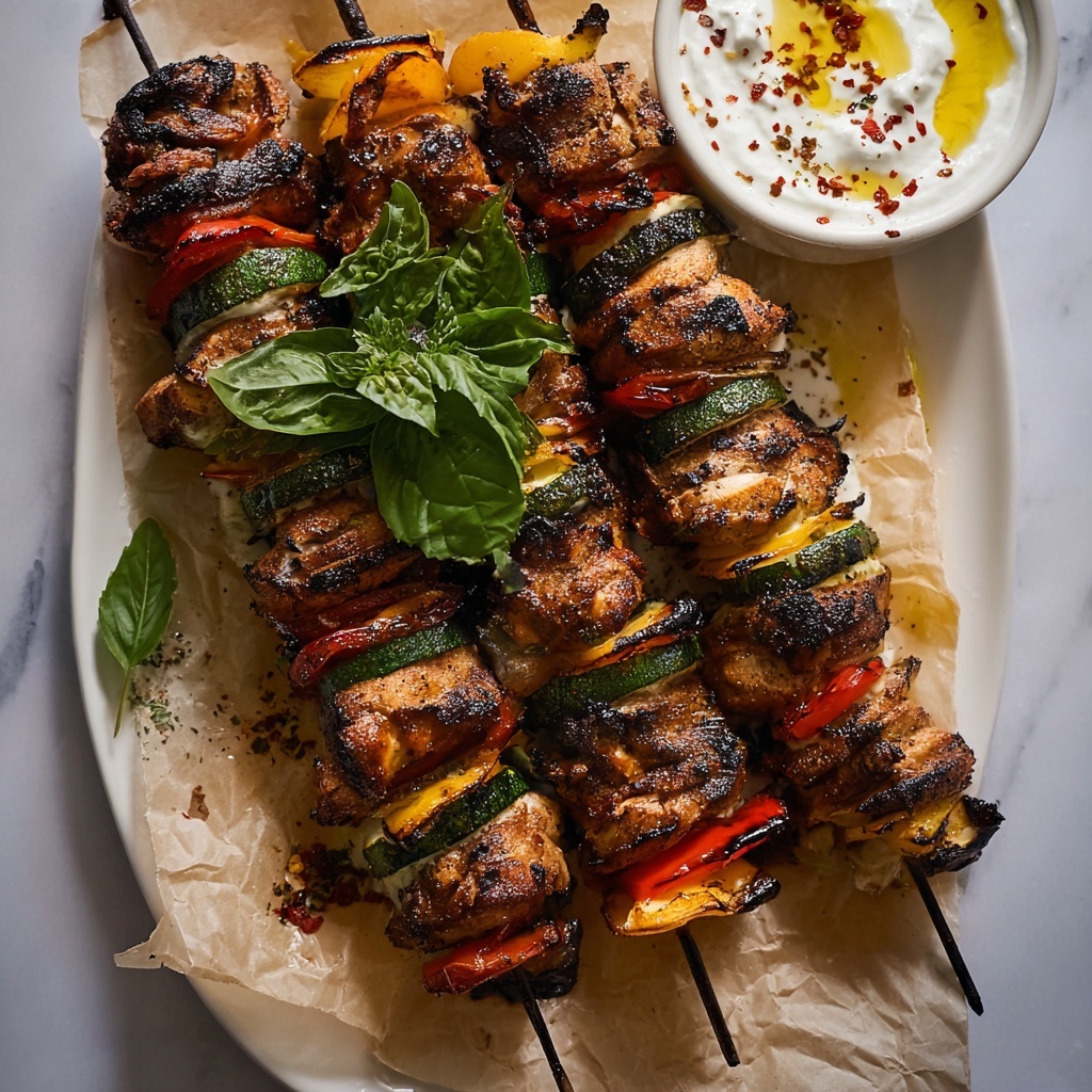 Basil and Garlic Grilled Chicken Skewers with Garlicky Whipped Ricotta Recipe - Recipe Image