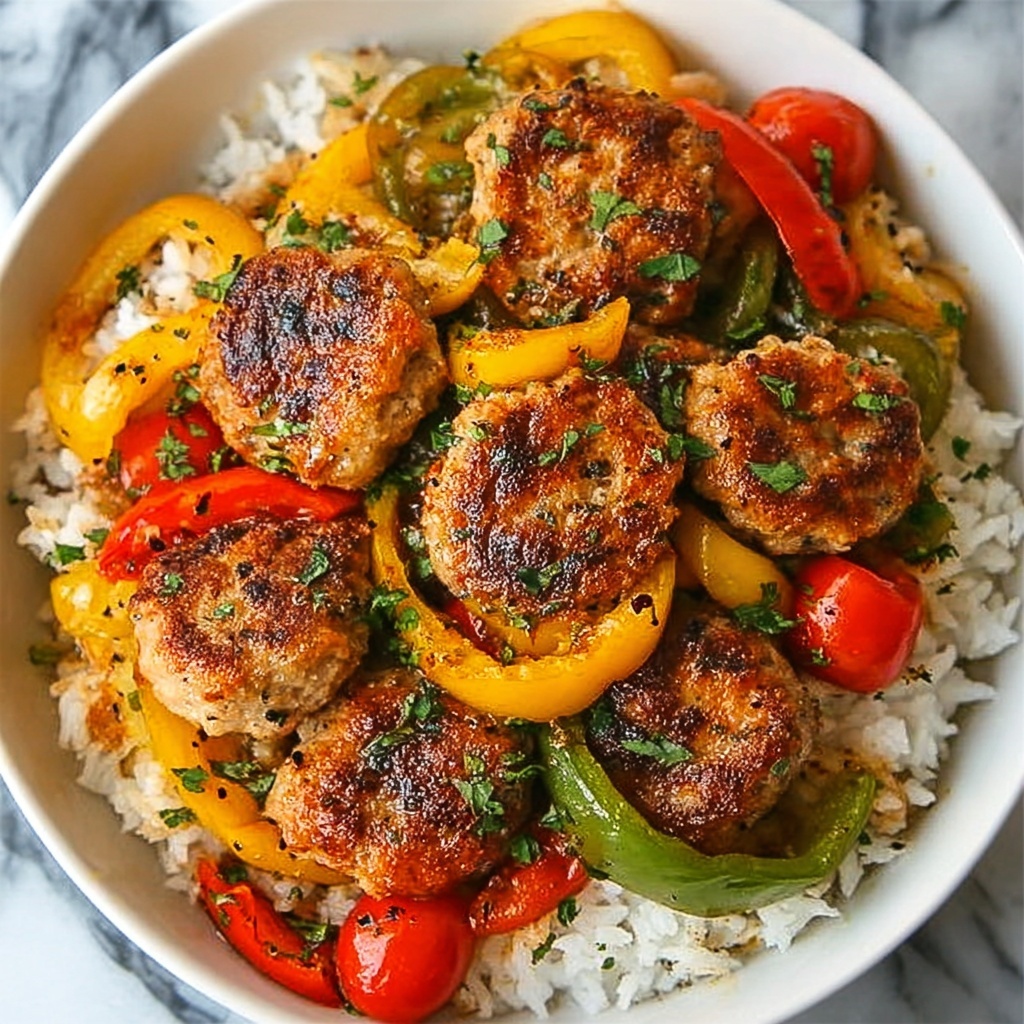 Sausage, Onion, Bell Peppers, and Tomato Rice Bowl Recipe - Recipe Image