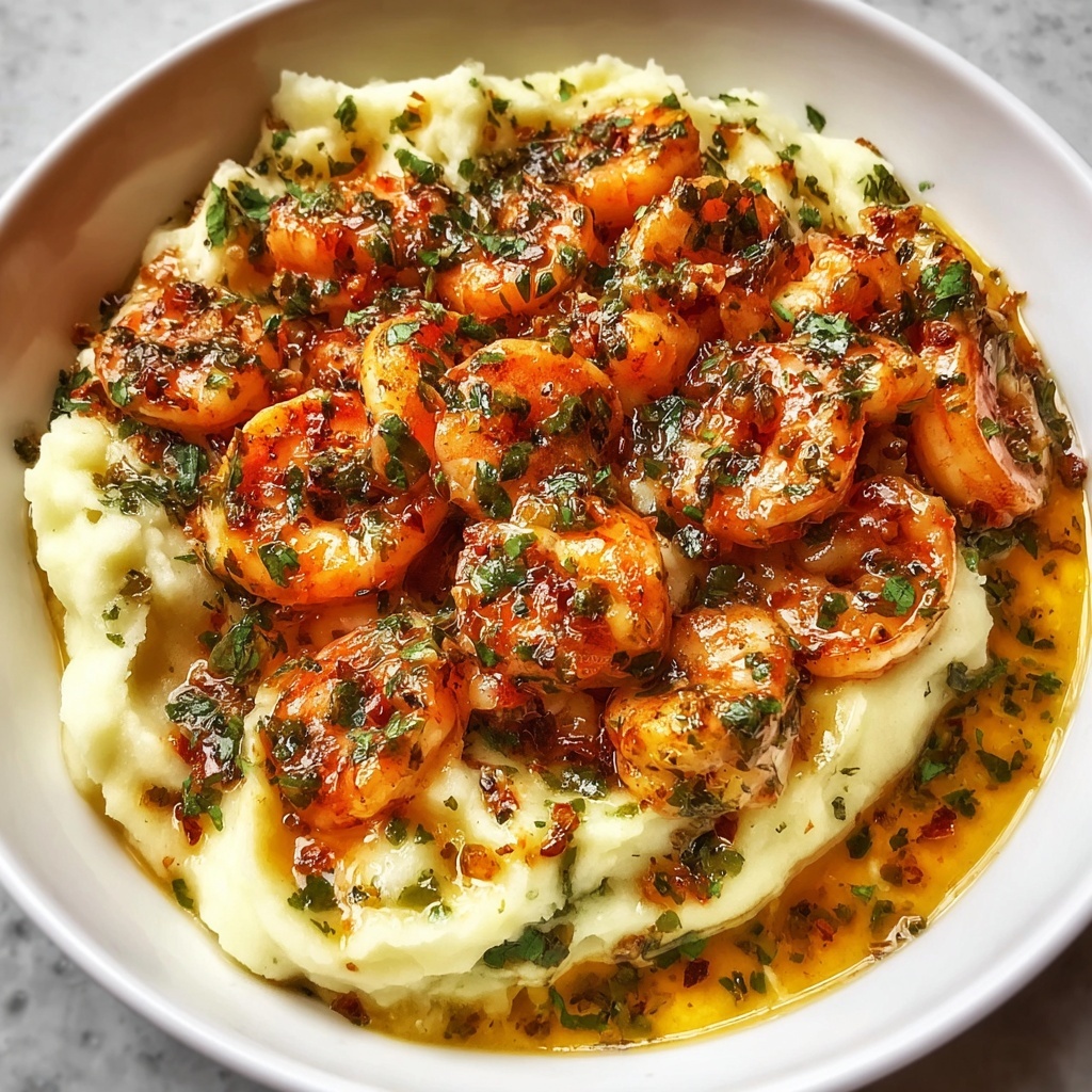 Garlic Shrimp with Creamy Parmesan Sauce over Mashed Potatoes Recipe - Recipe Image