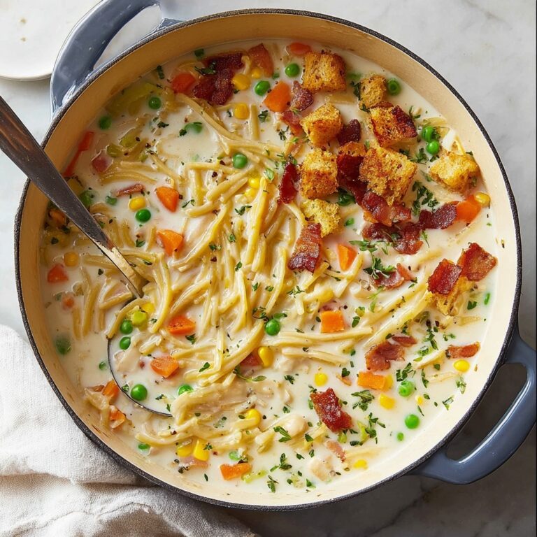 Creamy Chicken Noodle Soup with Mini Croutons and Crispy Bacon Recipe