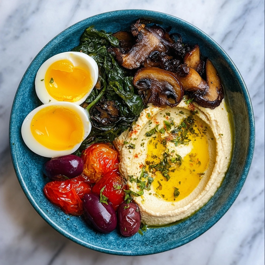 Savory Breakfast Bowls with Mushrooms, Cherry Tomatoes, Spinach, and Hummus Recipe - Recipe Image